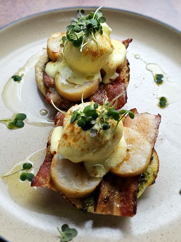 Scallop and Bacon Eggs Benedict $21.99